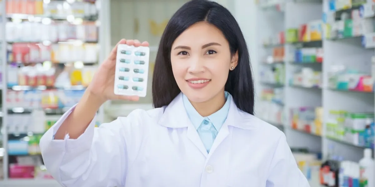 portrait of pharmacist showing medicine while standing in pharmacy