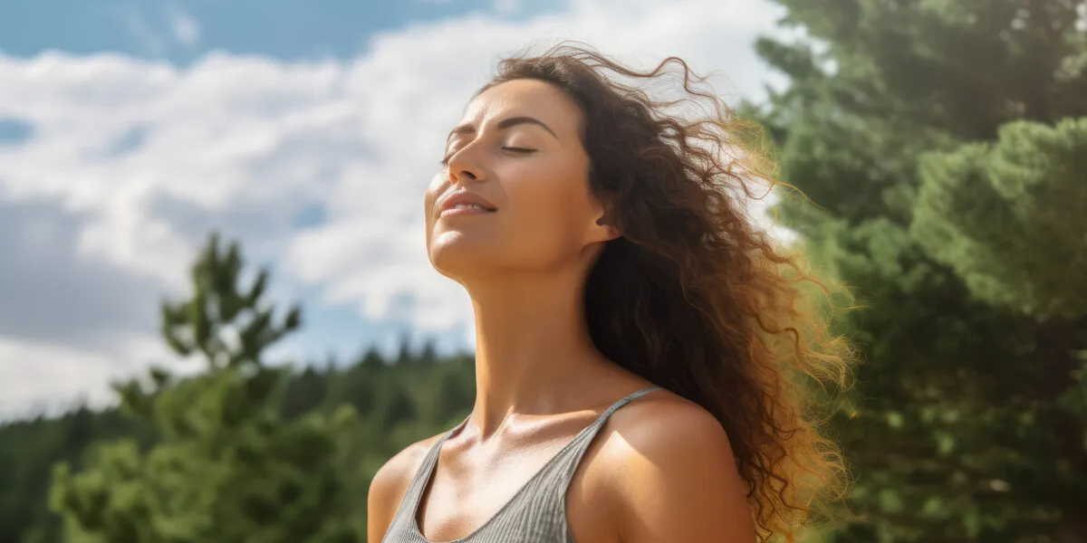 a relaxed woman breathing fresh air in a green forest ai generative