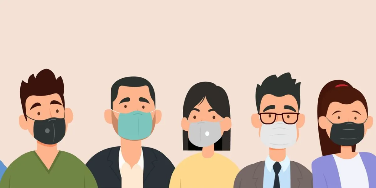 group of people wearing medical masks to prevent disease, flu, air pollution, contaminated air, world pollution vector illustration in a flat style