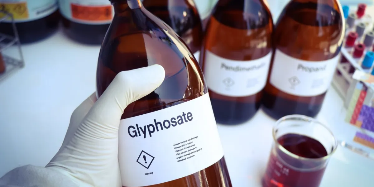 glyphosate in glass, herbicides are used to manage wasteland or control weeds in agriculture, laboratory experiment