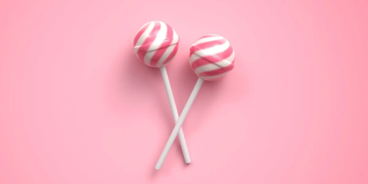 two sweet striped pink and white lollipops on stick on bright pink background 3d rendering