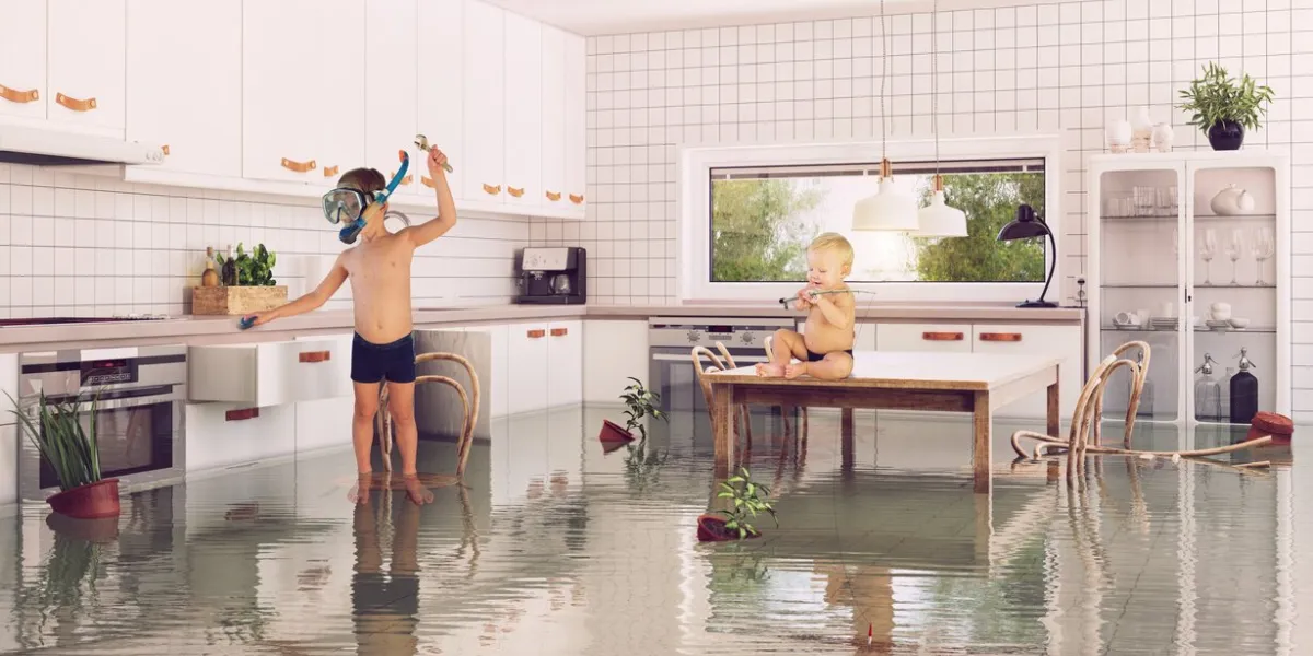 boys and flooding in the room 3d and photo combination illustration