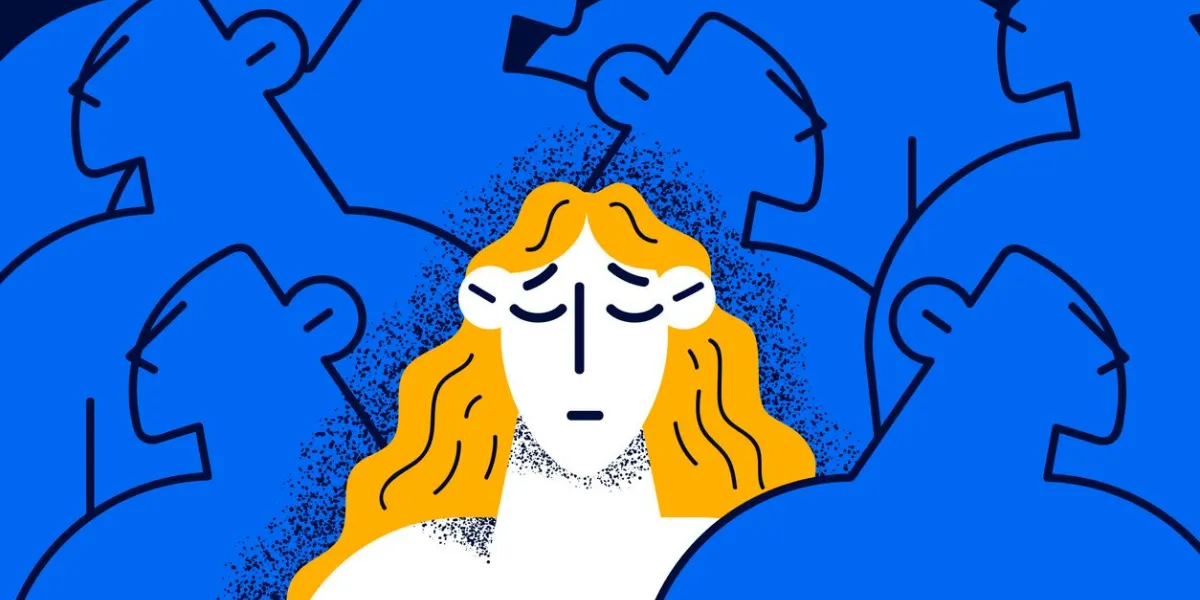 unhappy young woman feel lonely abandoned in crowd suffer from communication lack upset girl struggle with depression or mental disorder psychological problem flat vector illustration