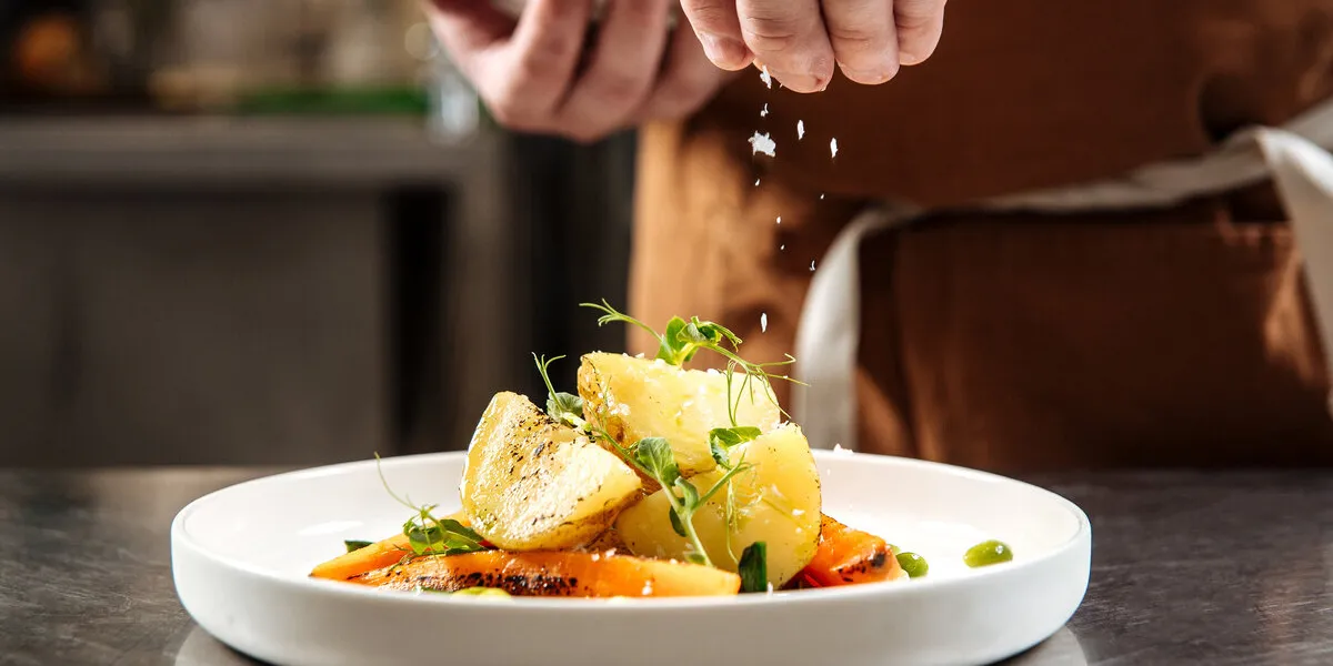 chef's hand sprinkles cooked gourmet dish with salt