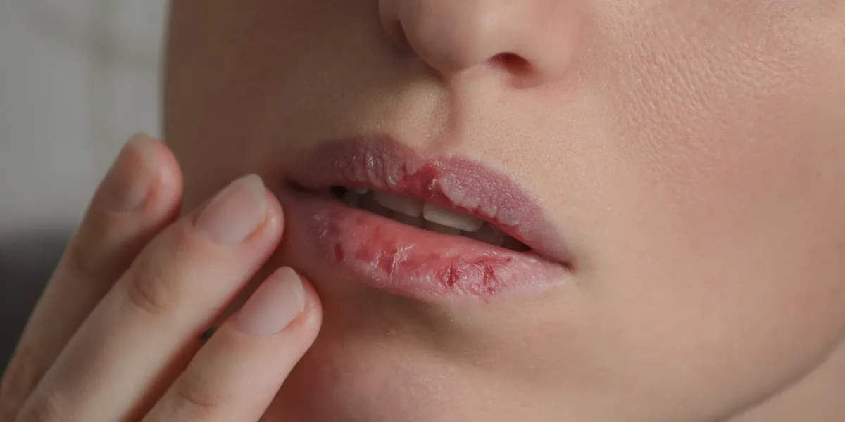 dermatillomania skin picking woman has bad habit to picks her lips harmful addiction based on anxiety stress and dry lips excoriation disorder sick cracked damaged tissue