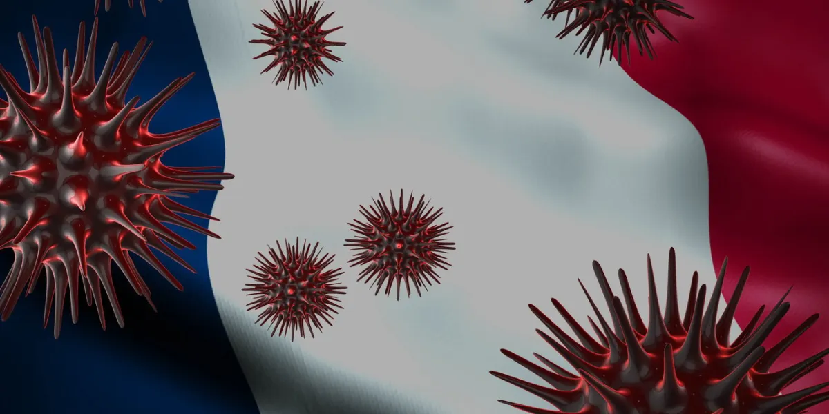 a coronavirus spinning with france flag behind as epidemic outbreak infection in france