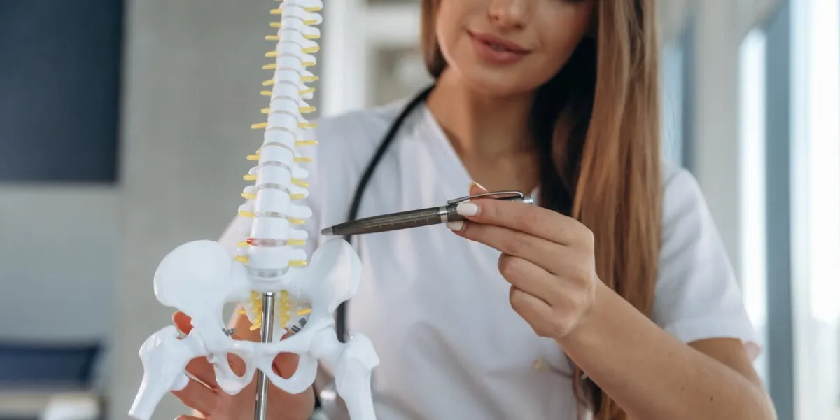 showing the spine model that is on the table professional female doctor in the clinic indoors