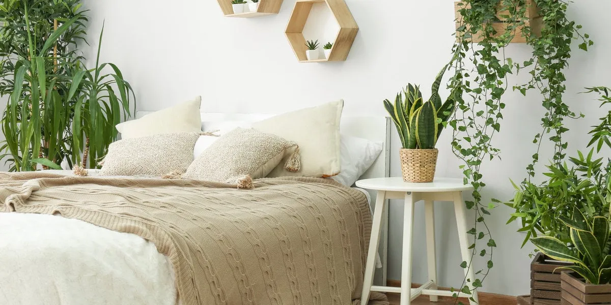 stylish interior of bedroom with green houseplants