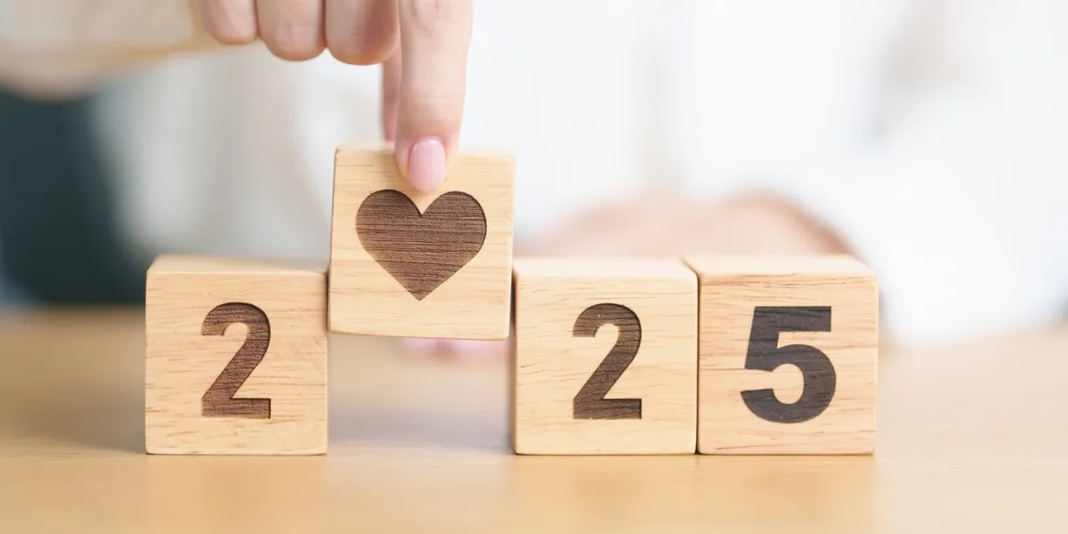 happy new year 2025 with heart block for health care, love, organ donation, resolution, charity, happy family, wellbeing and insurance concepts