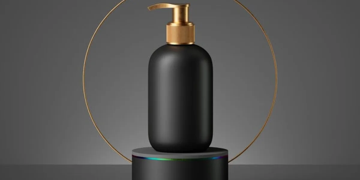 3d render black cosmetic container with golden cap on pedestal with golden ring round frame blank dispenser bottle mockup minimal brutal premium showcase beauty product for men
