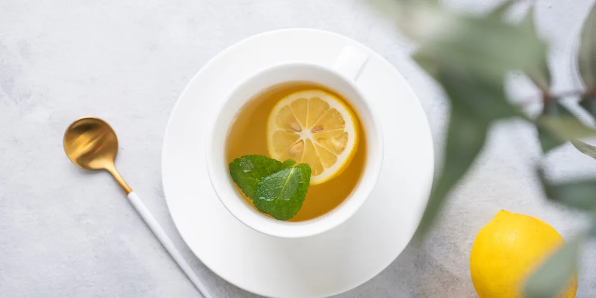herbal tea with lemon and mint in a white cup on a light background with eucalyptus branches close up the concept of a healthy and delicious breakfast drink for immunity top view and copy space
