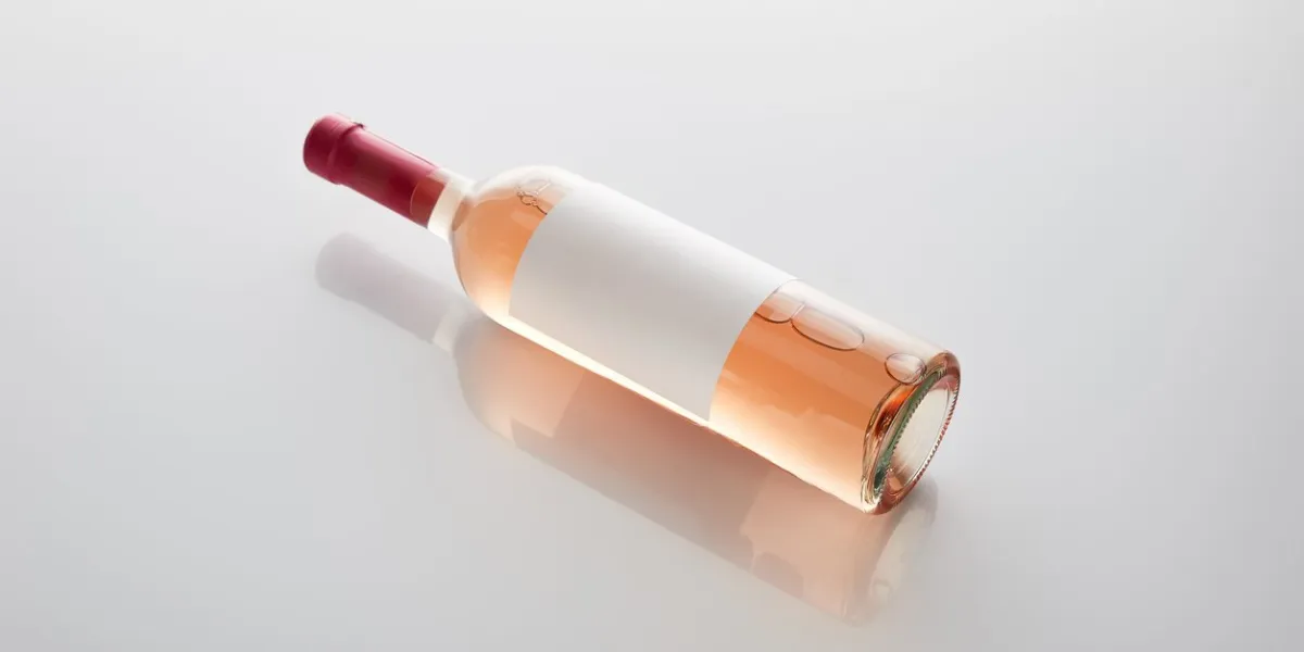 bottle with rose wine and blank label on white background
