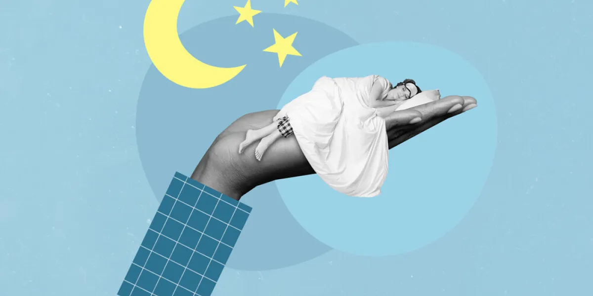 creative poster banner collage of sleepy young lady lying human hand enjoy comfort night sleep