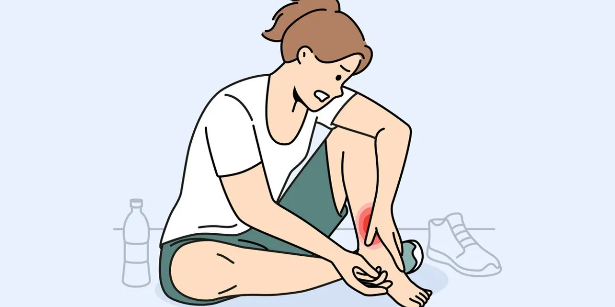 unhealthy woman sit on floor in gym touch hurt ankle unwell girl suffer from trauma or injury exercising or doing sports vector illustration