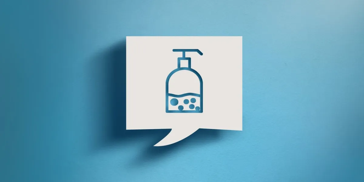 cut out hand sisinfectant symbol in a square shape speech bubble on blue color background realistic lighting and high quality texture effect with copy space for your messages high quality image ready for all your social media or print crop needs