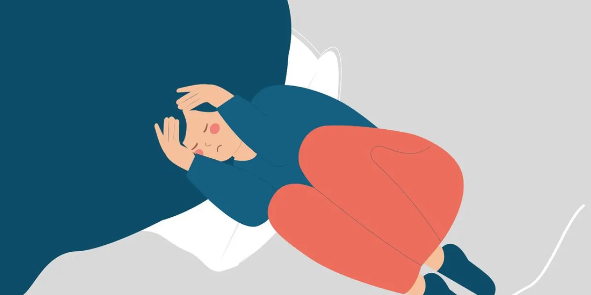 woman with insomnia on bed covering her face small frightened girl having bad nightmare in bedroom at night child panicking, looking fearful and anxious, feeling horror sleeping problem, phobias