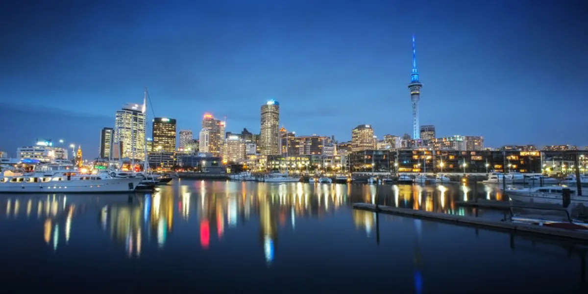auckland cityscape at night, long exposure and selective focus at building