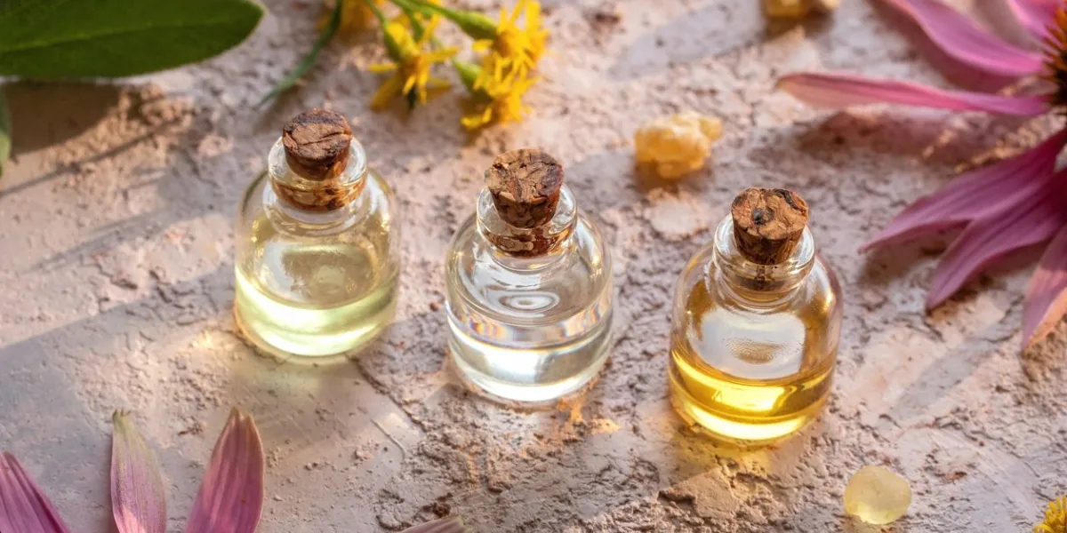 three bottles of essential oil with frankincense resin, goldenrod and echinacea flowers on a pink backtround