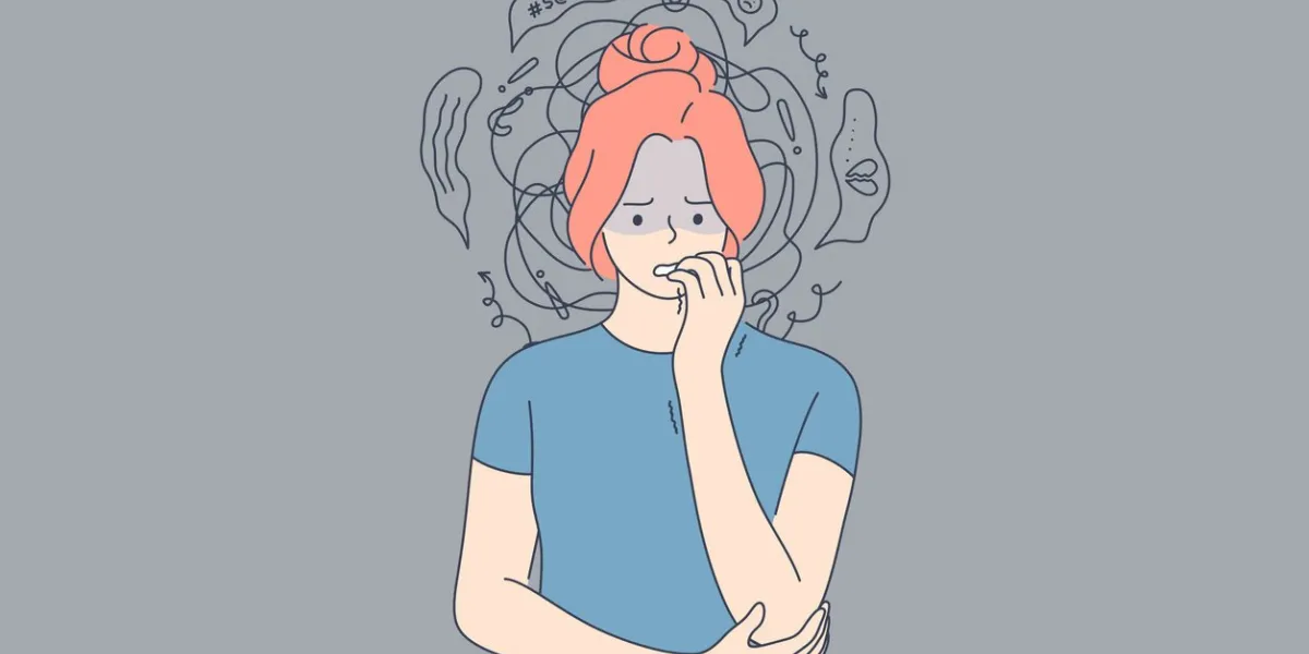 emotion, face, expression, frustration, panic attack, mental stress, anxiety concept young anxious worried woman girl teenager character looking stressed and nervous with hands on mouth biting nails