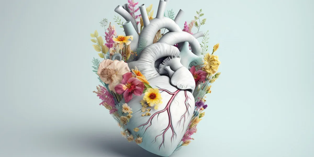 abstract burning heart model made from various colorful flowers blossoms copy space and pastel soft colors generative ai