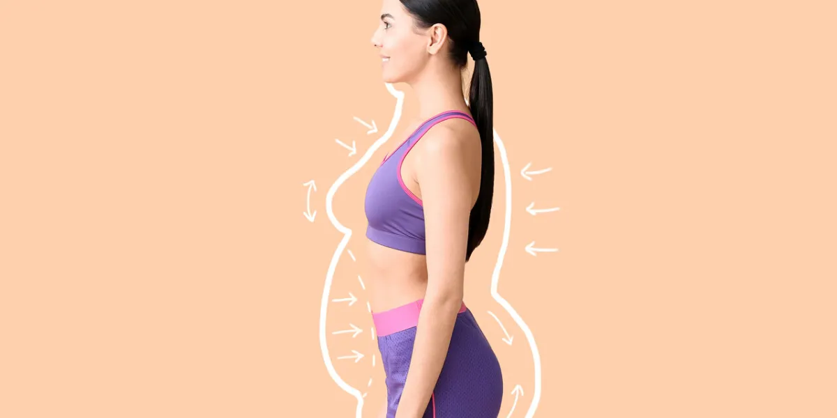 young woman after weight loss on color background