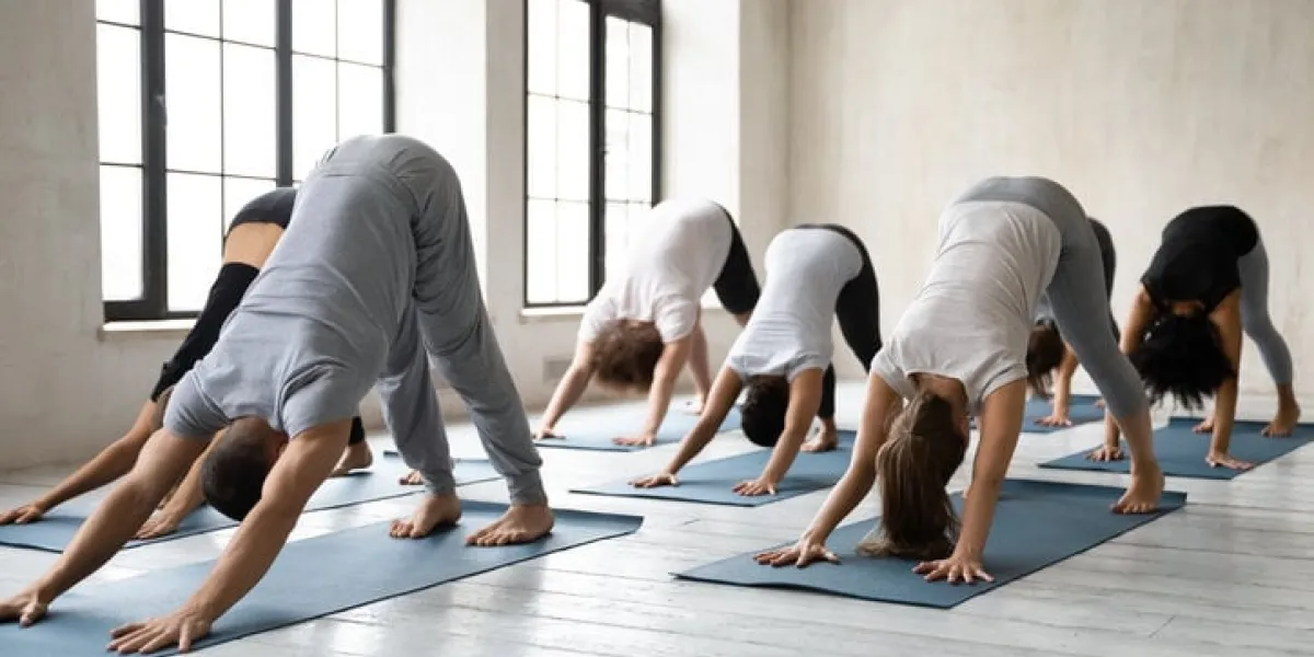 sporty diverse young people doing downward facing dog exercise at group lesson, practicing yoga, standing in adho mukha svanasana pose, working out in modern yoga studio with male instructor