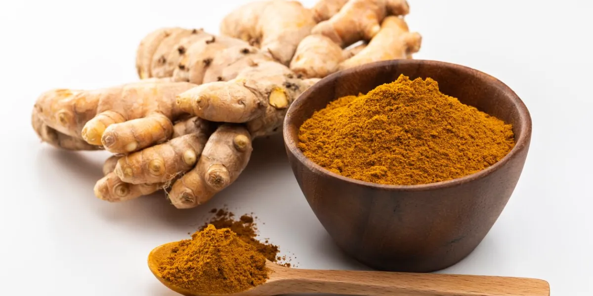 on white background  autumn turmeric rhizomes and turmeric powder