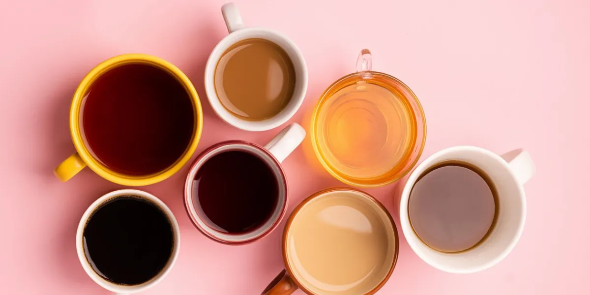 mugs and glasses with various traditional drinks coffee tea juice on a pink background flat layout top view drinks concept copy space horizontal frame
