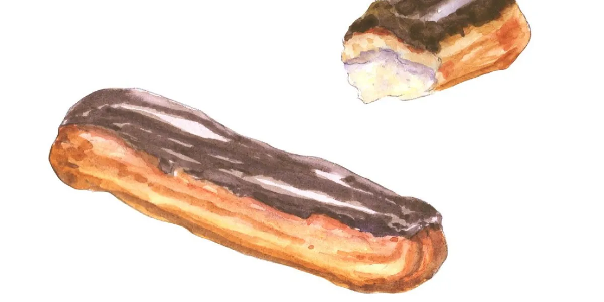 hand drawn watercolor painting of eclair chocolate glazed eclair isolated on white background - illustration