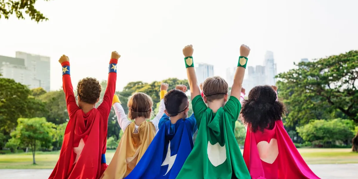 superheroes cheerful kids expressing positivity concept