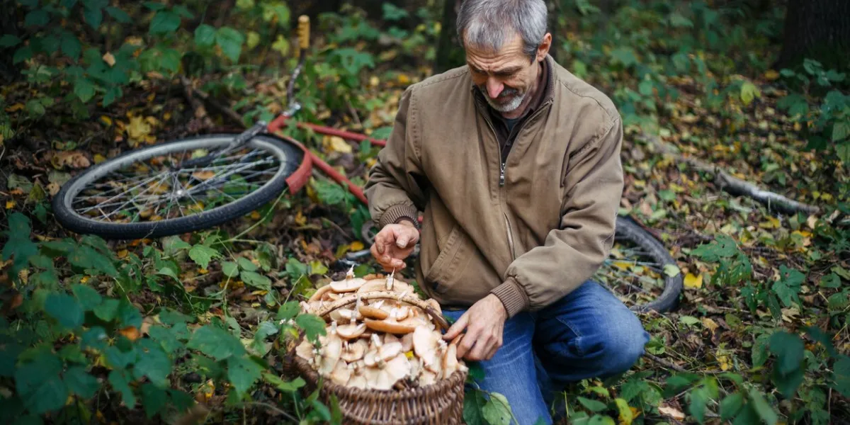man picking armillaria mellea mushrooms in the heaped wicker basket is near him