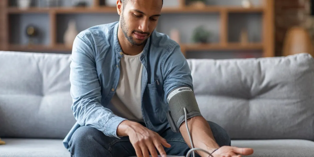 young black man sitting on couch and checking blood pressure with upper arm monitor, millennial african american guy measuring arterial tension while relaxing in living room at home, copy space