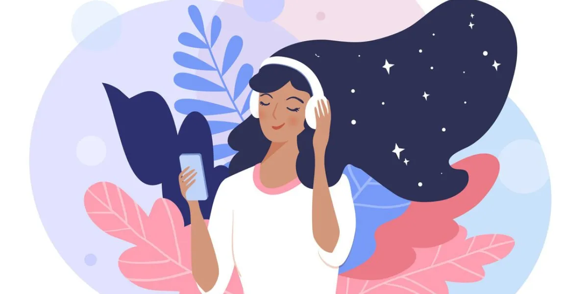 woman listening to music and relaxing with a smartphone and headphones vector illustration