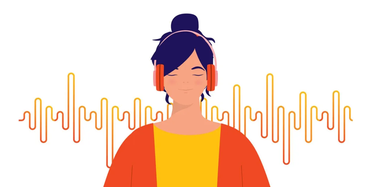 happy woman with wireless headphones enjoy listening to her music half length, isolated on sound wave background vector, illustration, character