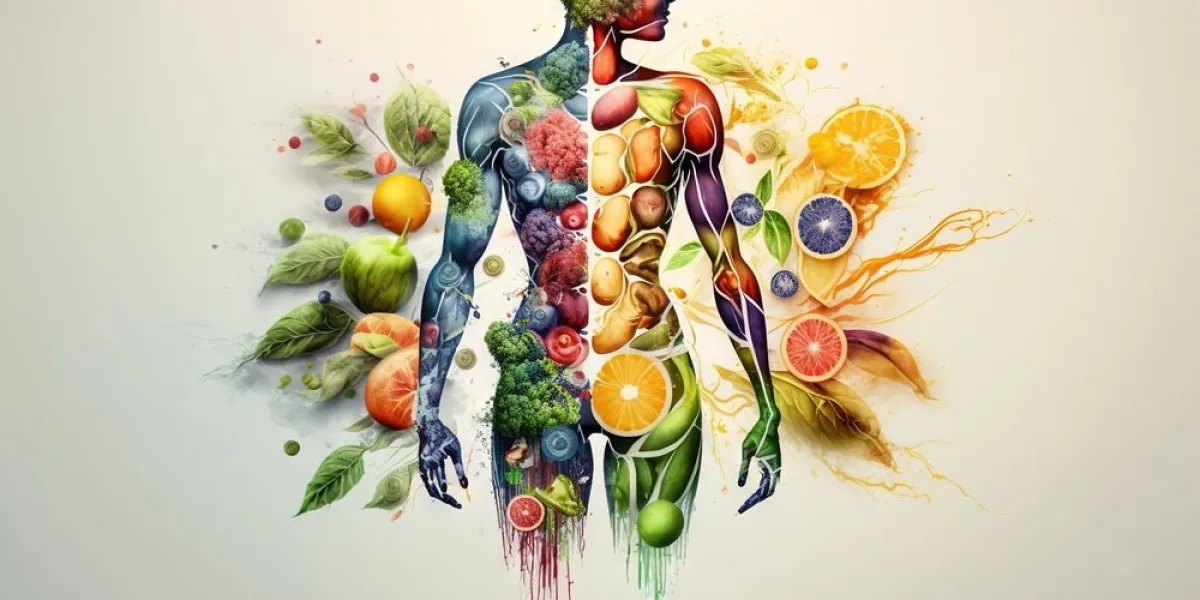 man is made of vegetables and fruit vegan lifestyle concept, he