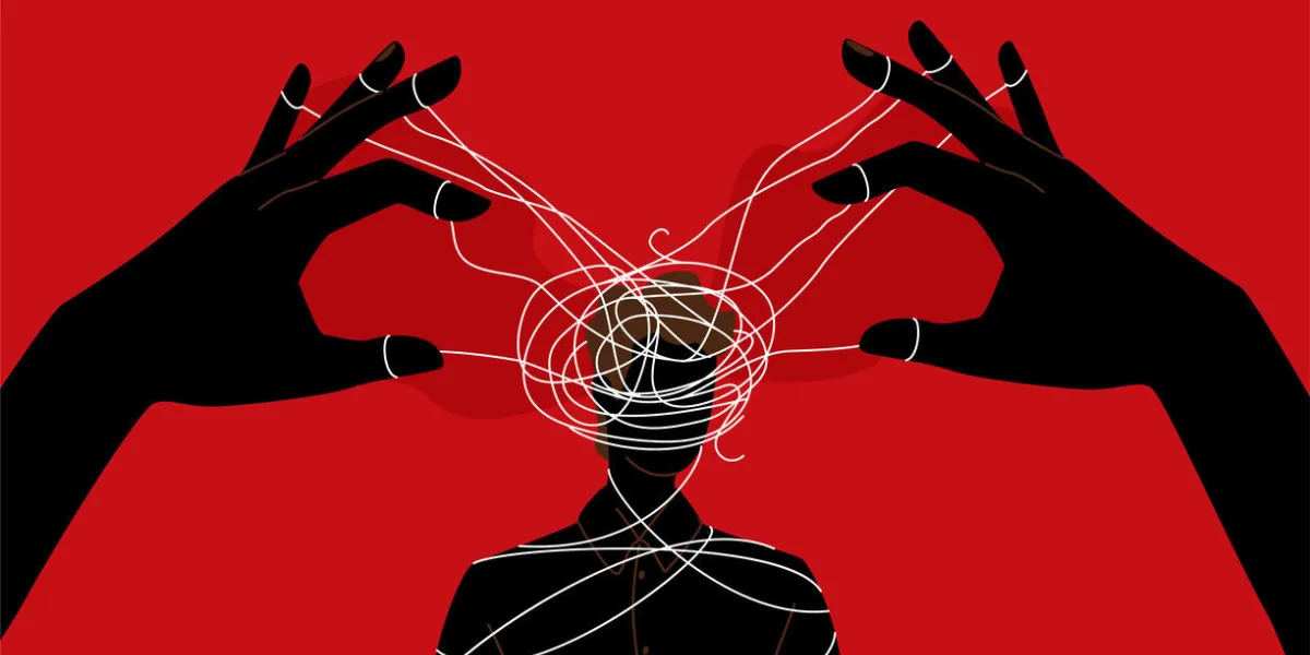 manipulator concept vector illustration puppet master hands manipulate man mind, silhouette domination exploitation background mental control ropes