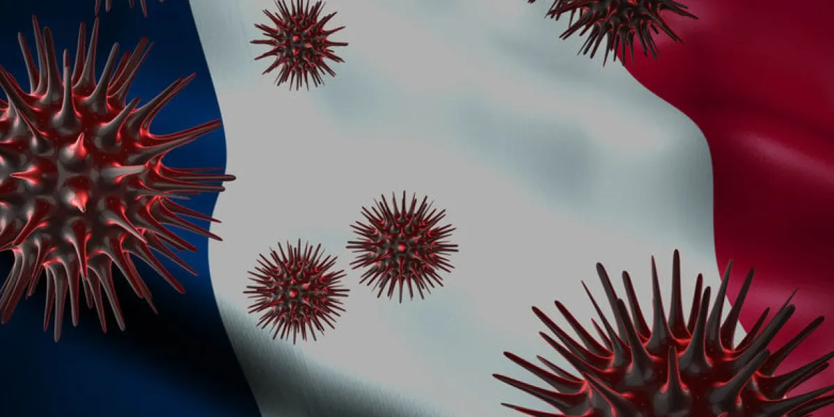 a coronavirus spinning with france flag behind as epidemic outbreak infection in france