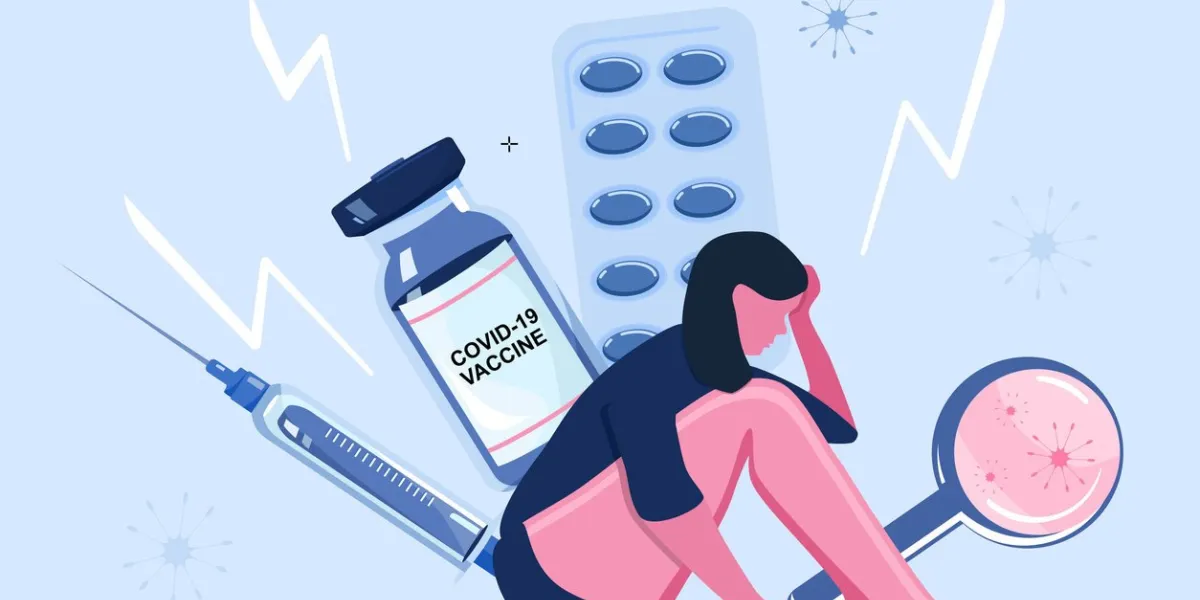 covid-19 vaccination concept,vial with liquid for injection and syringe side effects,dizzinesswoman has fear because of virus prevent disease