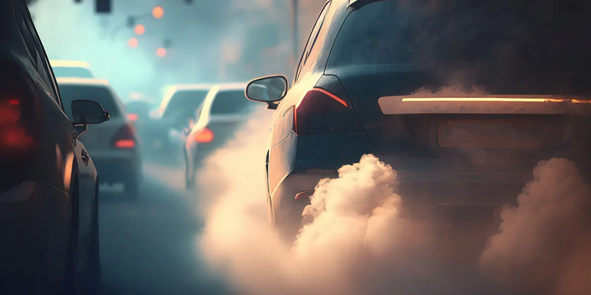 a car stuck in traffic with visible exhaust fumes, concept of air pollution and traffic congestion, created with generative ai technology