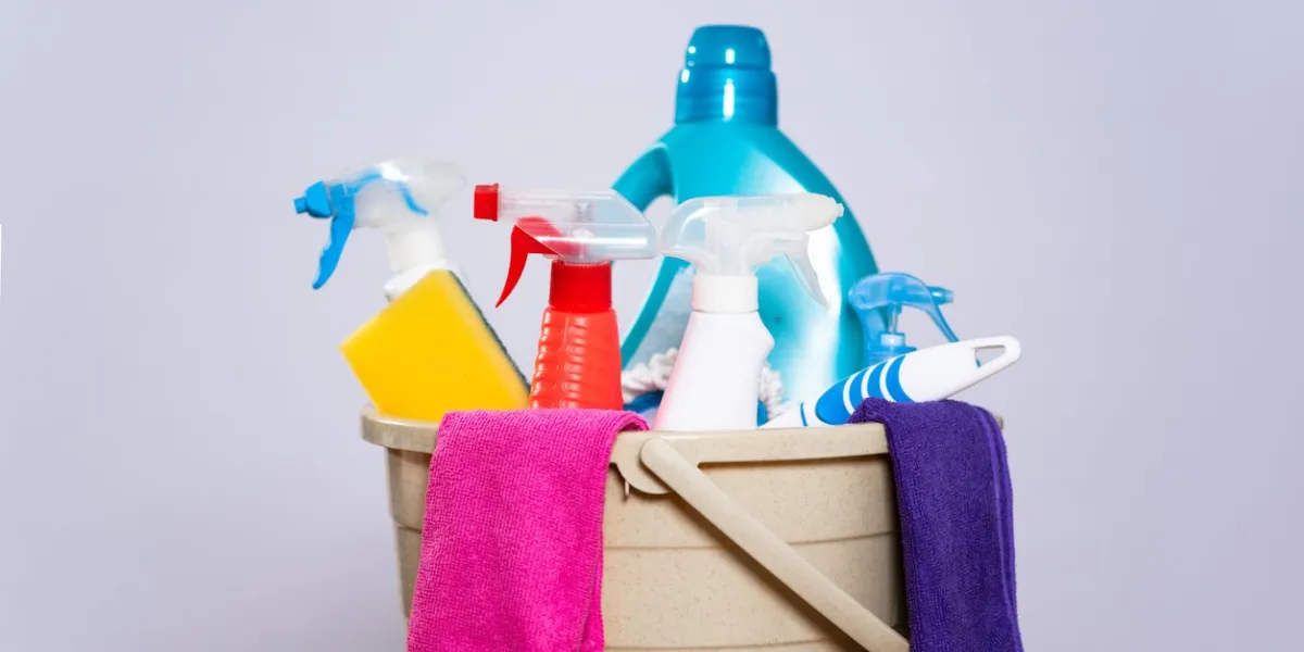 household cleaning materials, buckets, floor cloths, mops and chemical cleaning sprayers