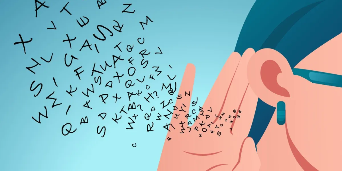 vector illustration of a woman holds her hand near ear and listens carefully alphabet letters flying in