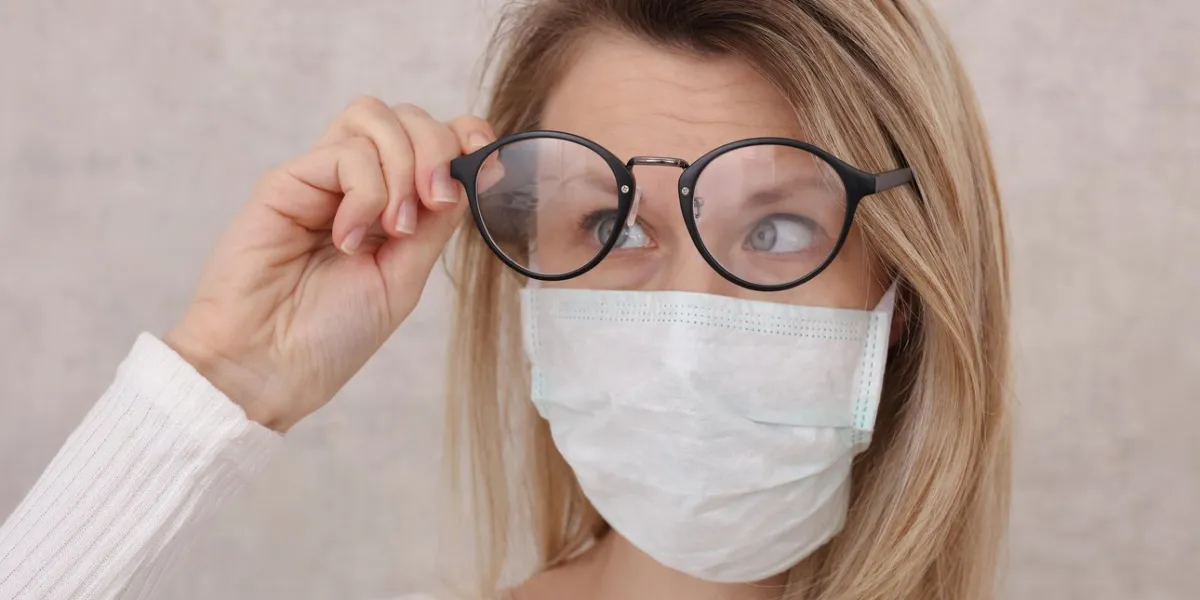 medical mask and glasses fogging avoid face touching, coronavirus prevention, protection