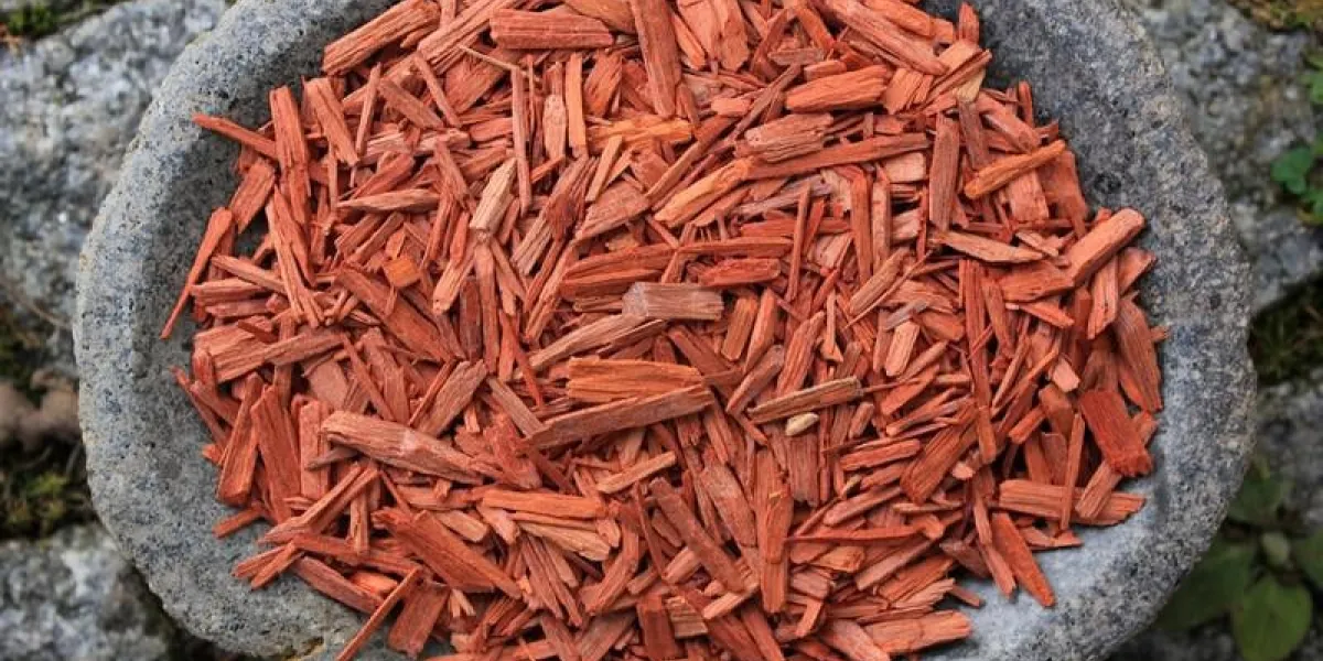 copeaux de bois de santal rouge dans un bol en pierre gris rond